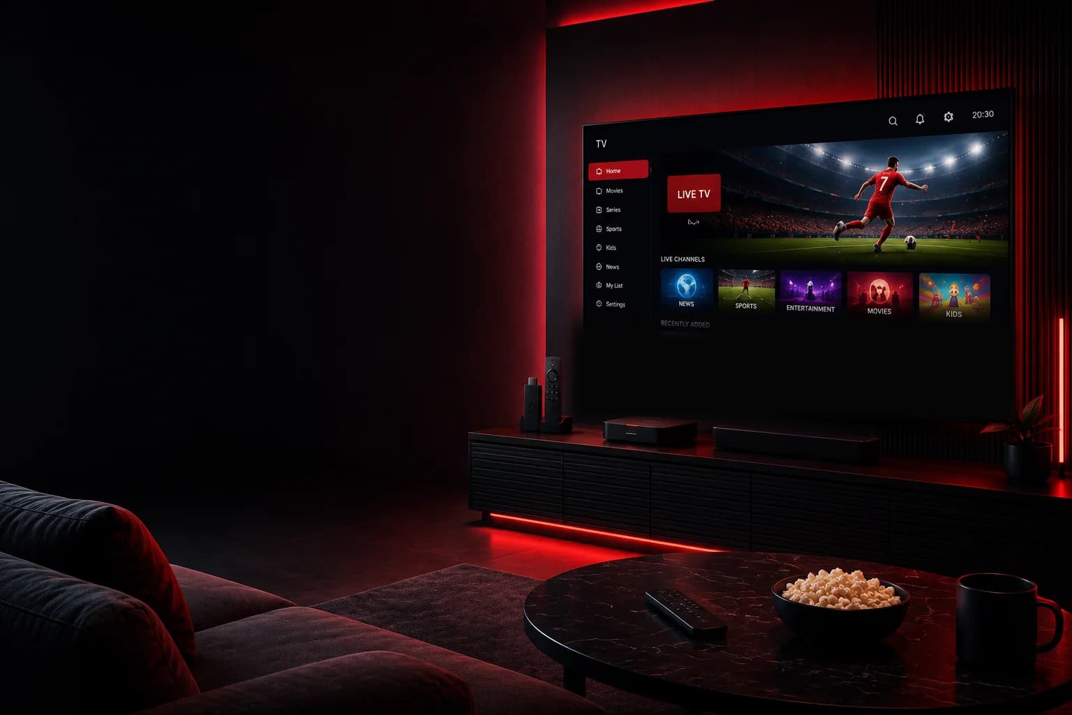 Tvoxar streaming interface on a TV in a dark home theater with red ambient lighting, next to a Firestick remote and a bowl of popcorn